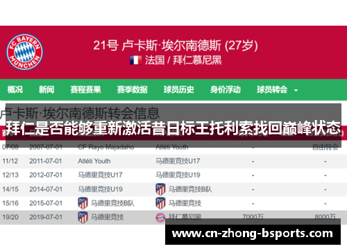 拜仁是否能够重新激活昔日标王托利索找回巅峰状态