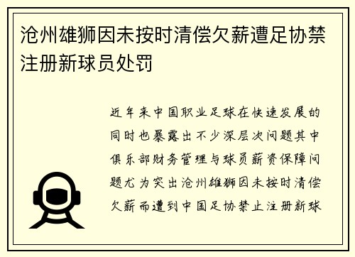 沧州雄狮因未按时清偿欠薪遭足协禁注册新球员处罚