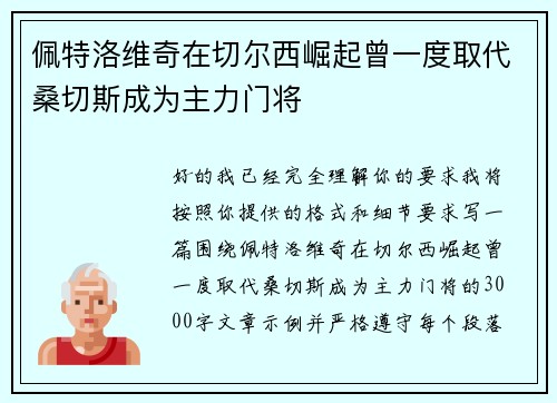 佩特洛维奇在切尔西崛起曾一度取代桑切斯成为主力门将