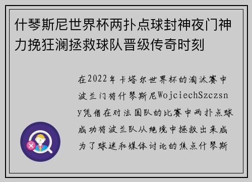 什琴斯尼世界杯两扑点球封神夜门神力挽狂澜拯救球队晋级传奇时刻